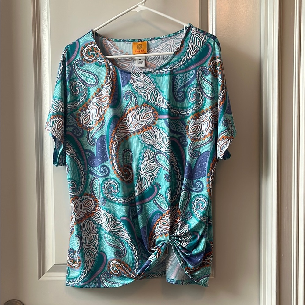 Ruby Rd. Blue Graphic Tie Front Blouse